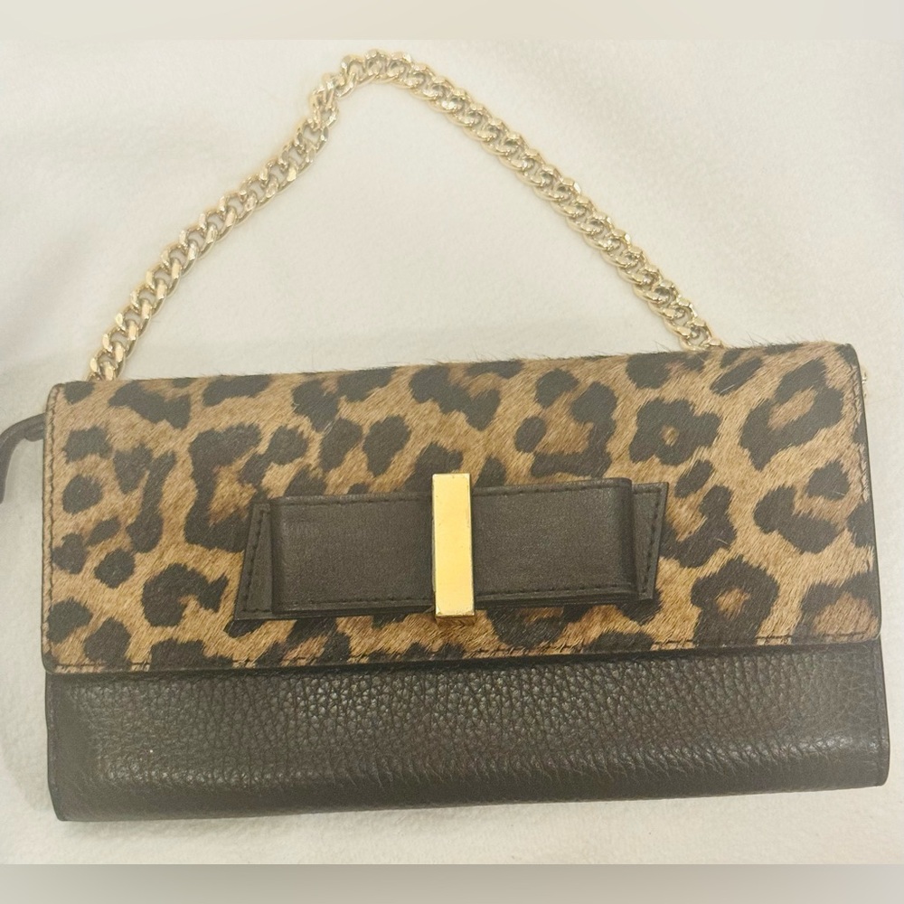 Kate Spade Rivas Street Milou chain clutch black and natural ocelot-print .